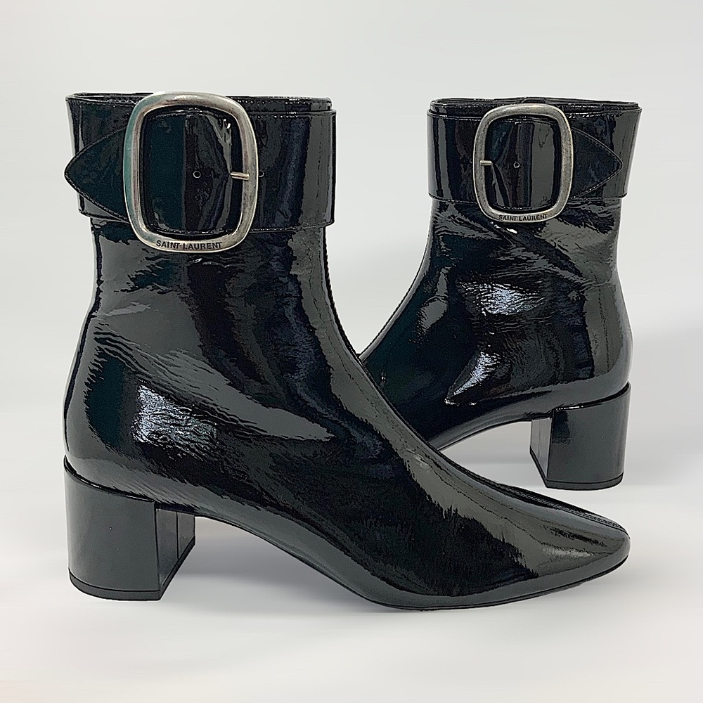 SAINT LAURENT Joplin Buckled Patent-Leather Ankle Boots Size 39/ US 8